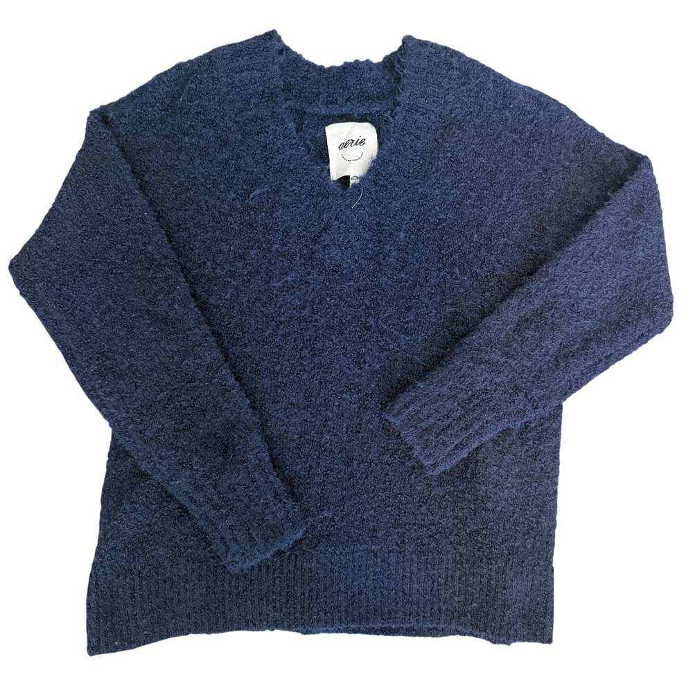 Aerie Navy Blue Boucle V-Neck Sweater Womens XS Relaxed Knit Pullover Wool Blend